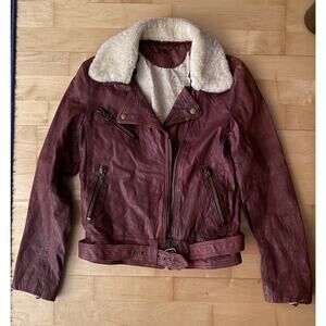 Milla Burgundy Red Leather Moto Jacket Shearling Removable Collar Aviator M